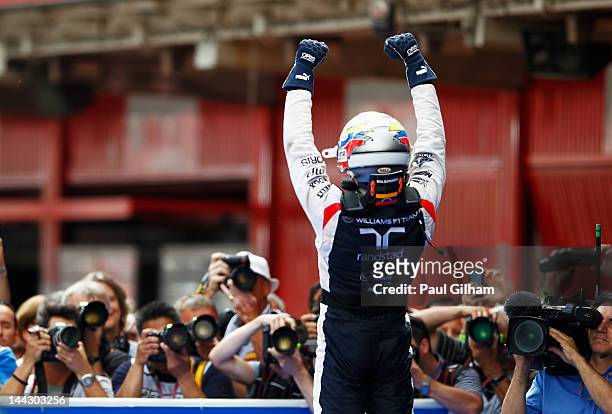 Pastor Maldonado of Venezuela and Williams celebrates in parc ferme after winning the Spanish Formula One Grand Prix at the Circuit de Catalunya on...