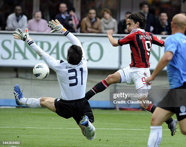 Filippo Inzaghi of AC Milan scores the second goal during the Serie A match between AC Milan and Novara Calcio at Stadio Giuseppe Meazza on May 13,...