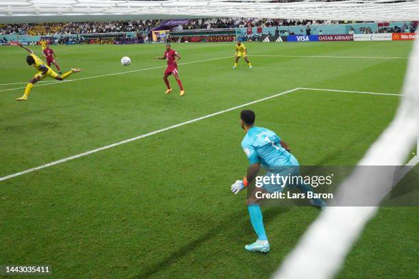 Enner Valencia of Ecuador scores their team's second goal during the FIFA World Cup Qatar 2022 Group A match between Qatar and Ecuador at Al Bayt...