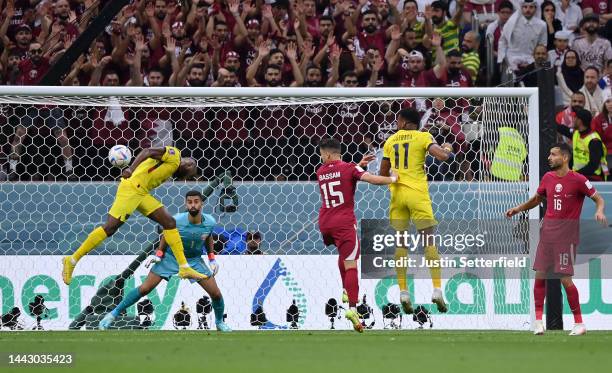 Enner Valencia of Ecuador heads to score his side's second goal during the FIFA World Cup Qatar 2022 Group A match between Qatar and Ecuador at Al...