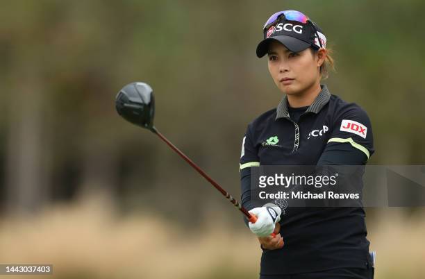 Moriya Jutanugarn of Thailand lines up her shot on the third green during the final round of the CME Group Tour Championship at Tiburon Golf Club on...