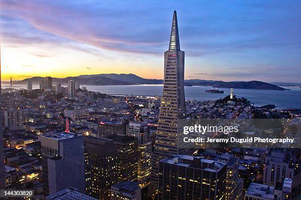 san francisco at sunset - transamerica-pyramid-san-francisco stock-fotos und bilder