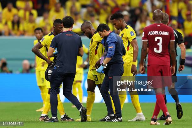 Enner Valencia of Ecuador receives medical treatment during the FIFA World Cup Qatar 2022 Group A match between Qatar and Ecuador at Al Bayt Stadium...