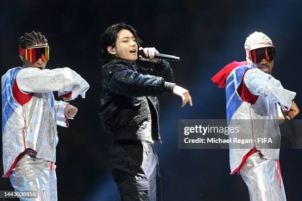 Jung Kook of BTS performs during the opening ceremony prior to the FIFA World Cup Qatar 2022 Group A match between Qatar and Ecuador at Al Bayt...