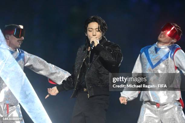 Jung Kook of BTS performs during the opening ceremony prior to the FIFA World Cup Qatar 2022 Group A match between Qatar and Ecuador at Al Bayt...