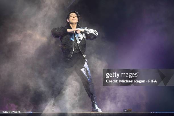 Jung Kook of BTS performs during the opening ceremony prior to the FIFA World Cup Qatar 2022 Group A match between Qatar and Ecuador at Al Bayt...