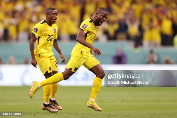 Enner Valencia of Ecuador celebrates with Jhegson Mendez after scoring their team's second goal during the FIFA World Cup Qatar 2022 Group A match...