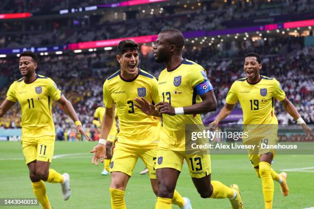 Enner Valencia of Ecuador celebrates a goal that is later disallowed by VAR during the FIFA World Cup Qatar 2022 Group A match between Qatar and...