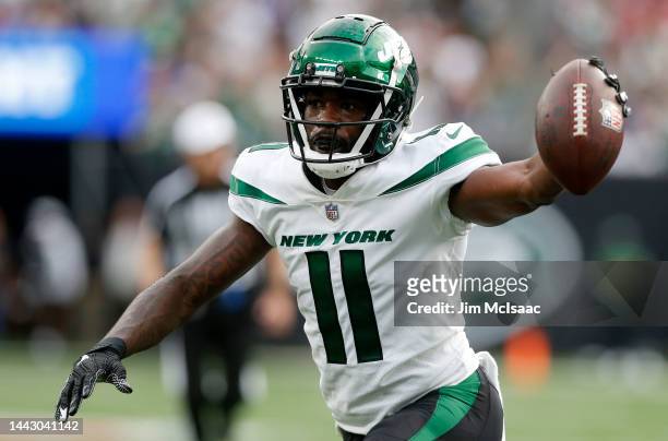 Denzel Mims of the New York Jets in action against the Buffalo Bills at MetLife Stadium on November 06, 2022 in East Rutherford, New Jersey. The Jets...