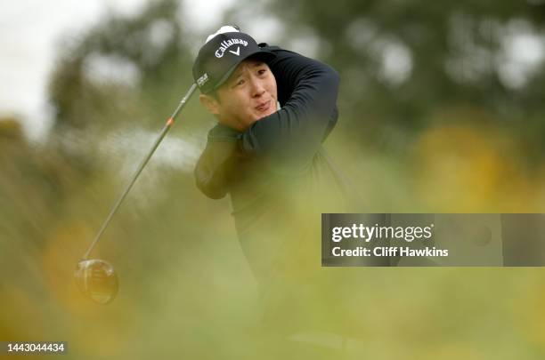 Danny Lee of New Zealand plays his shot from the ninth tee at Sea Island Resort Seaside Course on November 20, 2022 in St Simons Island, Georgia.