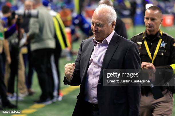 Philadelphia Eagles owner Jeffrey Lurie walks off the field during pregame against the Indianapolis Colts at Lucas Oil Stadium on November 20, 2022...