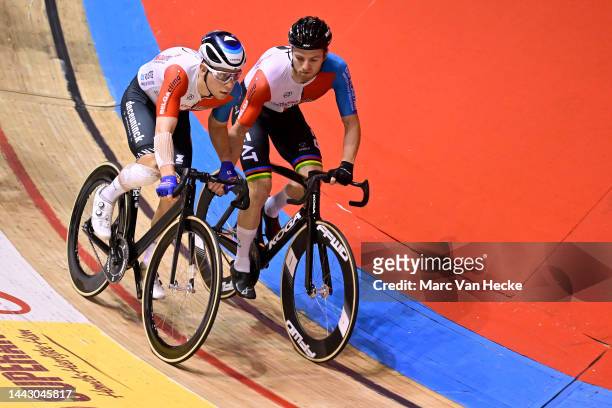 Fabio Van Den Bossche of Belgium and Yoeri Havik of Netherlands and Team BelgaClima/DS Plastics compete during the Men's elite track cycling on day...