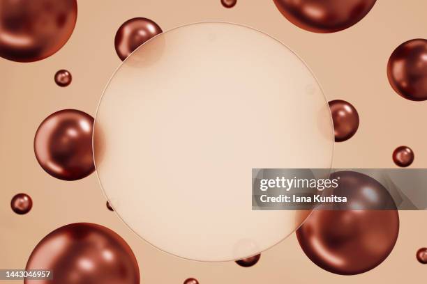 glossy brown 3d spheres on beige background. place for text and product. - chocolat texture stock-fotos und bilder