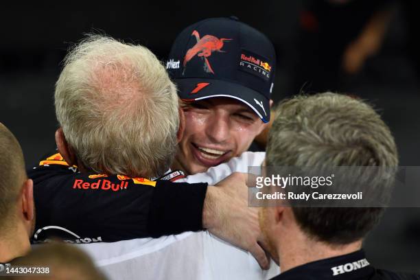 Race winner Max Verstappen of the Netherlands and Oracle Red Bull Racing celebrates with with Red Bull Racing Team Principal Christian Horner and Red...