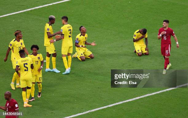 Ecuador players celebrate after the 2-0 win during the FIFA World Cup Qatar 2022 Group A match between Qatar and Ecuador at Al Bayt Stadium on...