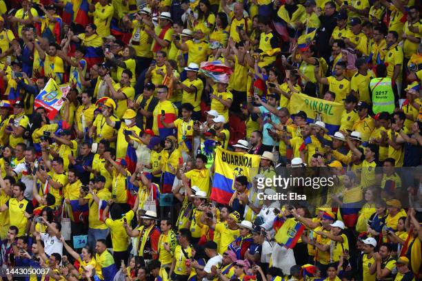 Ecuador fans celebrate the 2-0 win during the FIFA World Cup Qatar 2022 Group A match between Qatar and Ecuador at Al Bayt Stadium on November 20,...