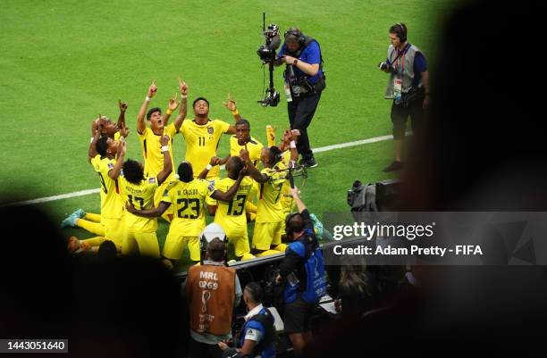 Enner Valencia of Ecuador celebrates with teammates after scoring a penalty for their team's first goal during the FIFA World Cup Qatar 2022 Group A...