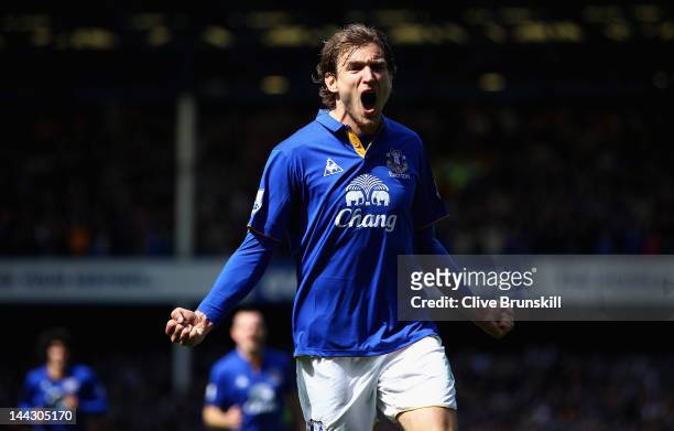 Nikica Jelavic of Everton celebrates after scoring the second goal during the Barclays Premier League match between Everton and Newcastle United at...