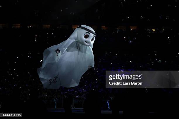 Qatar World Cup mascot La'eeb is seen during the opening ceremony prior to the FIFA World Cup Qatar 2022 Group A match between Qatar and Ecuador at...
