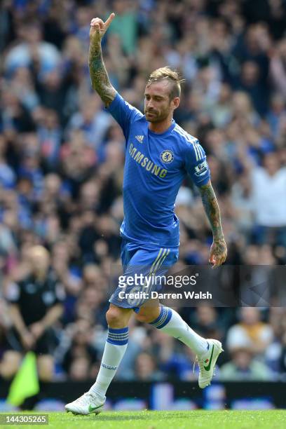 Raul Meireles of Chelsea celebrates scoring their second goal during the Barclays Premier League match between Chelsea and Blackburn Rovers at...