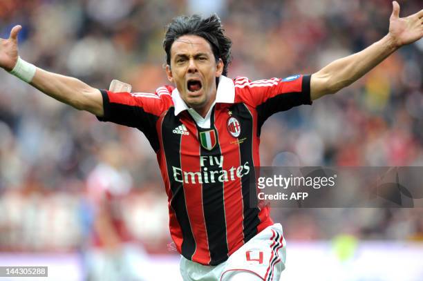 Filippo Inzaghi celebrates scoring during the Italian Serie A football match between AC Milan vs Novara on May 13, 2012 in Milan. Filippo Inzaghi,...