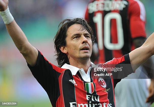 Filippo Inzaghi celebrates after scoring the first goal during the Italian Serie A football match between AC Milan vs Novara on May 13, 2012 in...