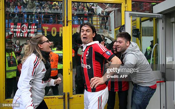 Filippo Inzaghi celebrates after scoring the first goal during the Italian Serie A football match between AC Milan vs Novara on May 13, 2012 in...