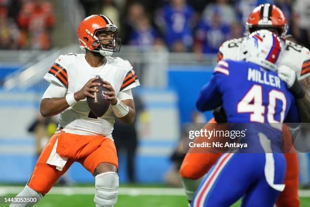 Jacoby Brissett of the Cleveland Browns attempts a pass during the first quarter against the Buffalo Bills at Ford Field on November 20, 2022 in...