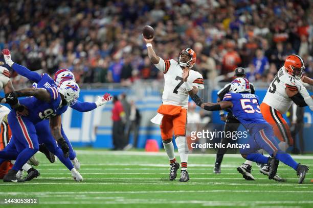 Jacoby Brissett of the Cleveland Browns attempts a pass during the first quarter against the Buffalo Bills at Ford Field on November 20, 2022 in...