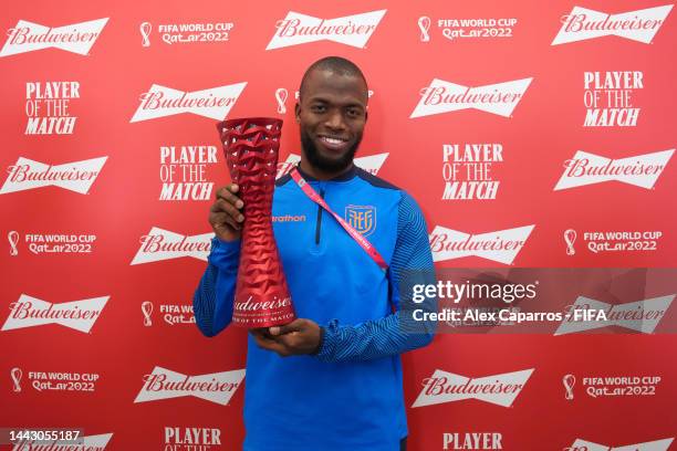 Enner Valencia of Ecuador poses with the Budweiser Player of the Match Trophy during the FIFA World Cup Qatar 2022 Group A match between Qatar and...