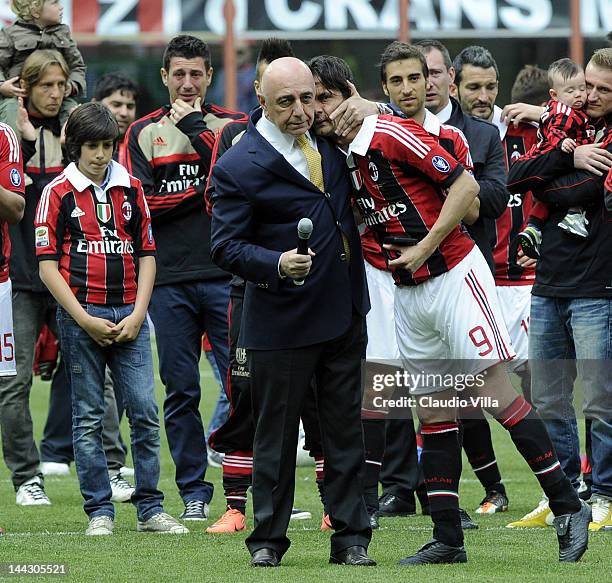 Adriano Galliani and Filippo Inzaghi of AC Milan after his last game for AC Milan after the Serie A match between AC Milan and Novara Calcio at...