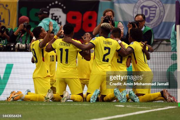 Ecuador players celebrate during the FIFA World Cup Qatar 2022 Group A match between Qatar and Ecuador at Al Bayt Stadium on November 20, 2022 in Al...