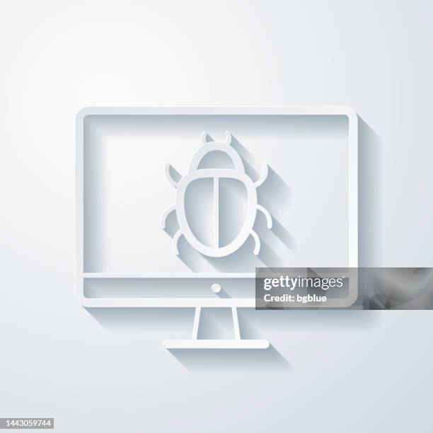 desktop computer with bug. icon with paper cut effect on blank background - ransomware stock illustrations