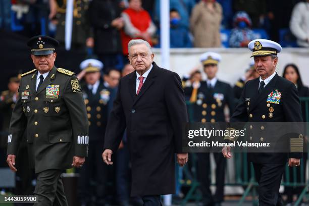 Luis Cresencio Sandoval , Secretary of Defense and Andres Manuel Lopez Obrador , President of Mexico and Jose Rafael Ojeda , Secretary of the Navy...