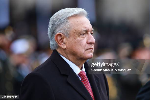 Andres Manuel Lopez Obrador President of Mexico gestures during the parade to celebrate the 'Mexicans Celebrate the 112th Anniversary of the Mexican...