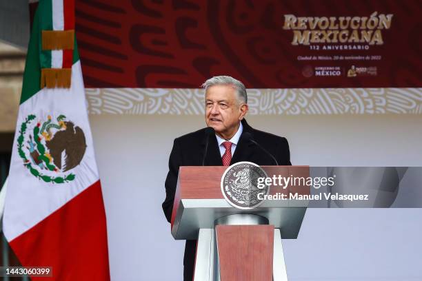 Andres Manuel Lopez Obrador President of Mexico talks during the parade to celebrate the 'Mexicans Celebrate the 112th Anniversary of the Mexican...