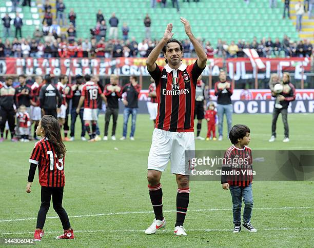 Alessandro Nesta of AC Milan salutes the fans after his last game for AC Milan after the Serie A match between AC Milan and Novara Calcio at Stadio...