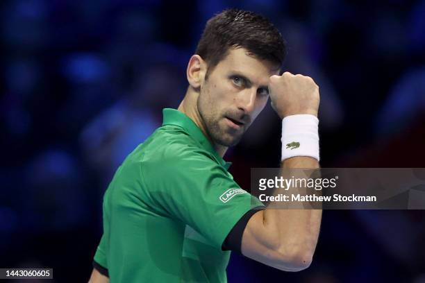 Novak Djokovic of Serbia celebrates winning the first set against Casper Ruud of Norway during the Final on Day Eight of the Nitto ATP Finals at Pala...