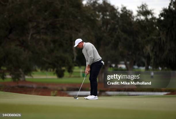 Scott Stallings of the United States putts on the 17th green at Sea Island Resort Seaside Course on November 20, 2022 in St Simons Island, Georgia.