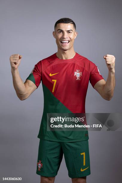Cristiano Ronaldo of Portugal poses during the official FIFA World Cup Qatar 2022 portrait session on November 19, 2022 in Doha, Qatar.