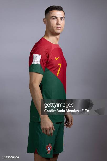 Cristiano Ronaldo of Portugal poses during the official FIFA World Cup Qatar 2022 portrait session on November 19, 2022 in Doha, Qatar.