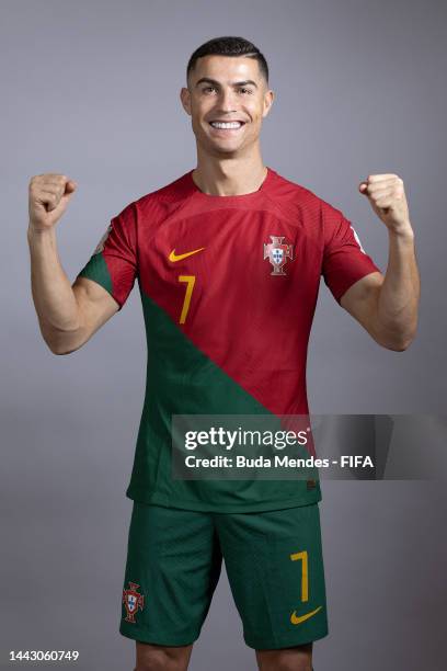 Cristiano Ronaldo of Portugal poses during the official FIFA World Cup Qatar 2022 portrait session on November 19, 2022 in Doha, Qatar.