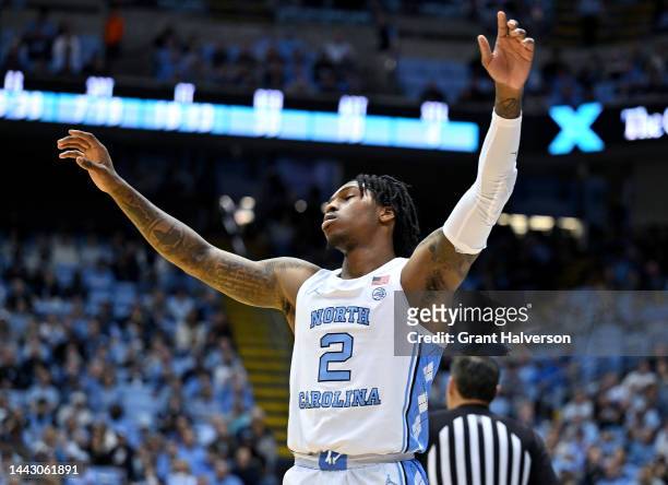 Caleb Love of the North Carolina Tar Heels reacts after a turnover during the second half of their game against the James Madison Dukes at the Dean...