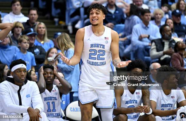 Justin McKoy of the North Carolina Tar Heels reacts to a foul called during the second half of their game against the James Madison Dukesat the Dean...