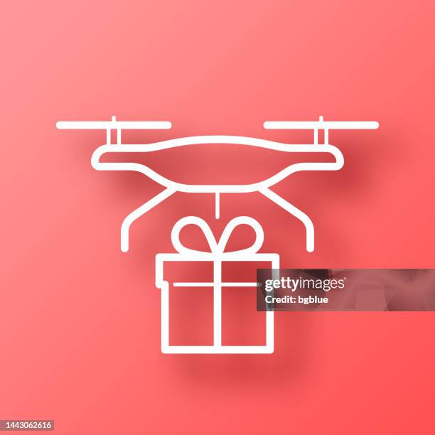 delivery drone with gift. icon on red background with shadow - quadcopter vector stock illustrations
