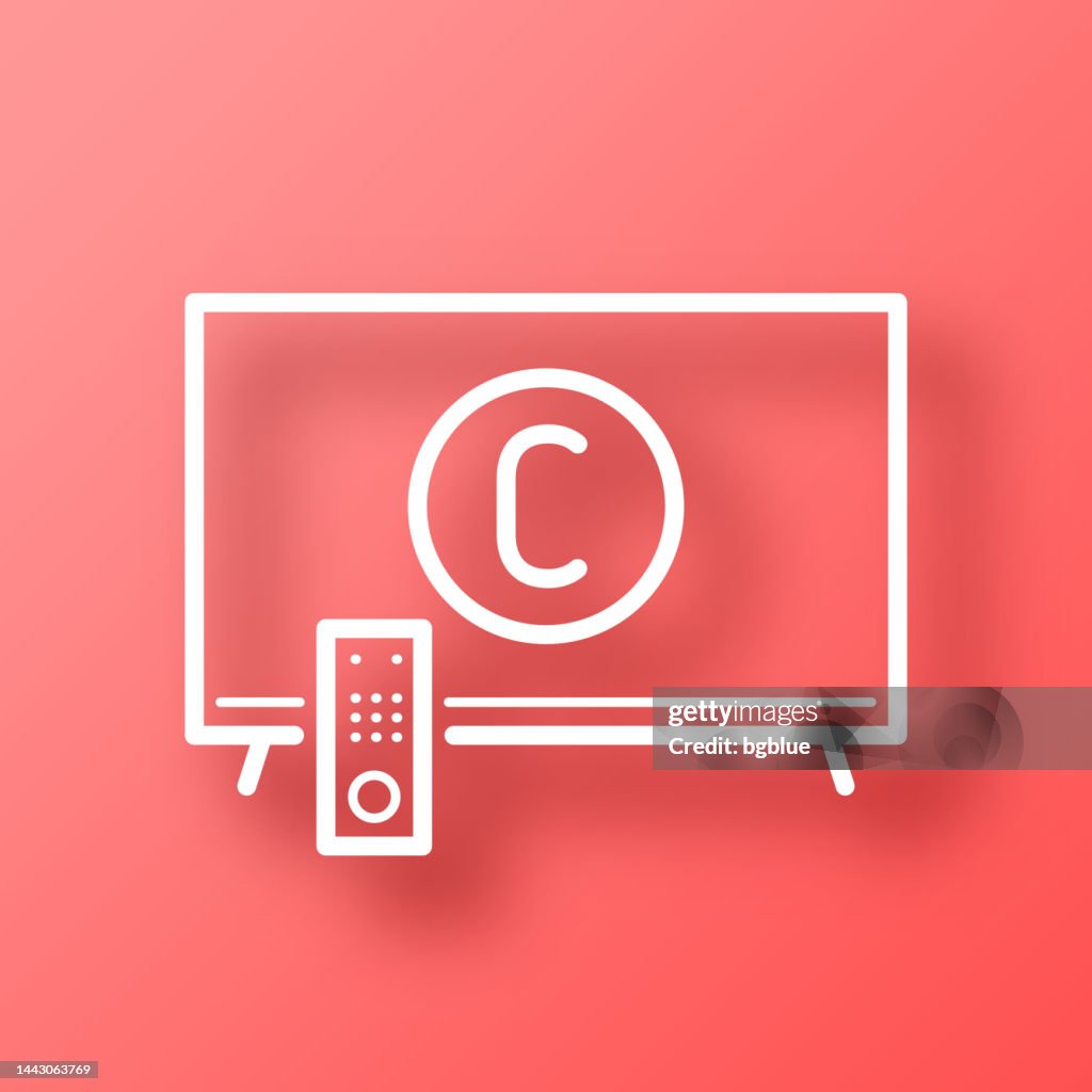 TV avec symbole de copyright. Icône sur fond rouge avec ombre