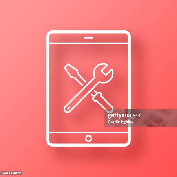 tablet pc settings - tools. icon on red background with shadow - using tablet home stock illustrations