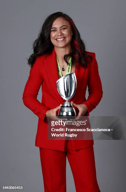 Ruby Tui of New Zealand winner of the World Rugby Women’s Breakthrough Player of the Year in partnership with Tudor poses with the trophy during the...