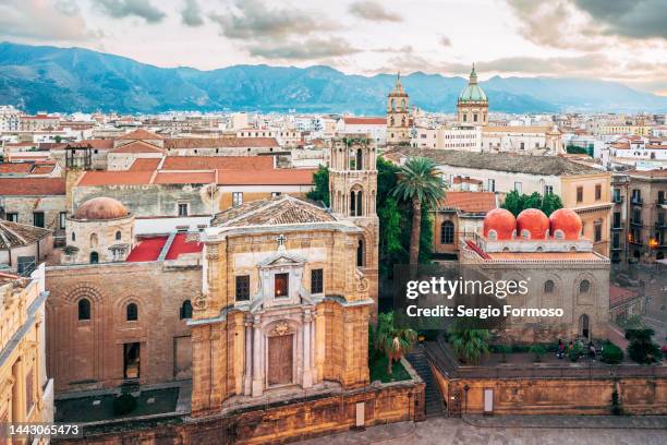 high angle view of palermo historical city centre in sicily, italy - palermo sicilien bildbanksfoton och bilder