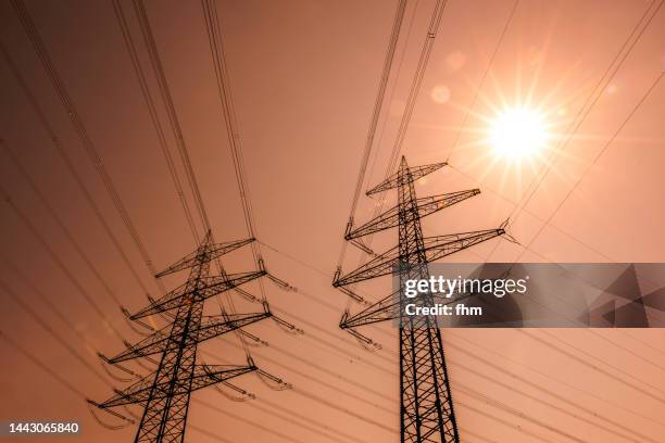 electricity pylons at sunset - hochspannungsmast stock-fotos und bilder